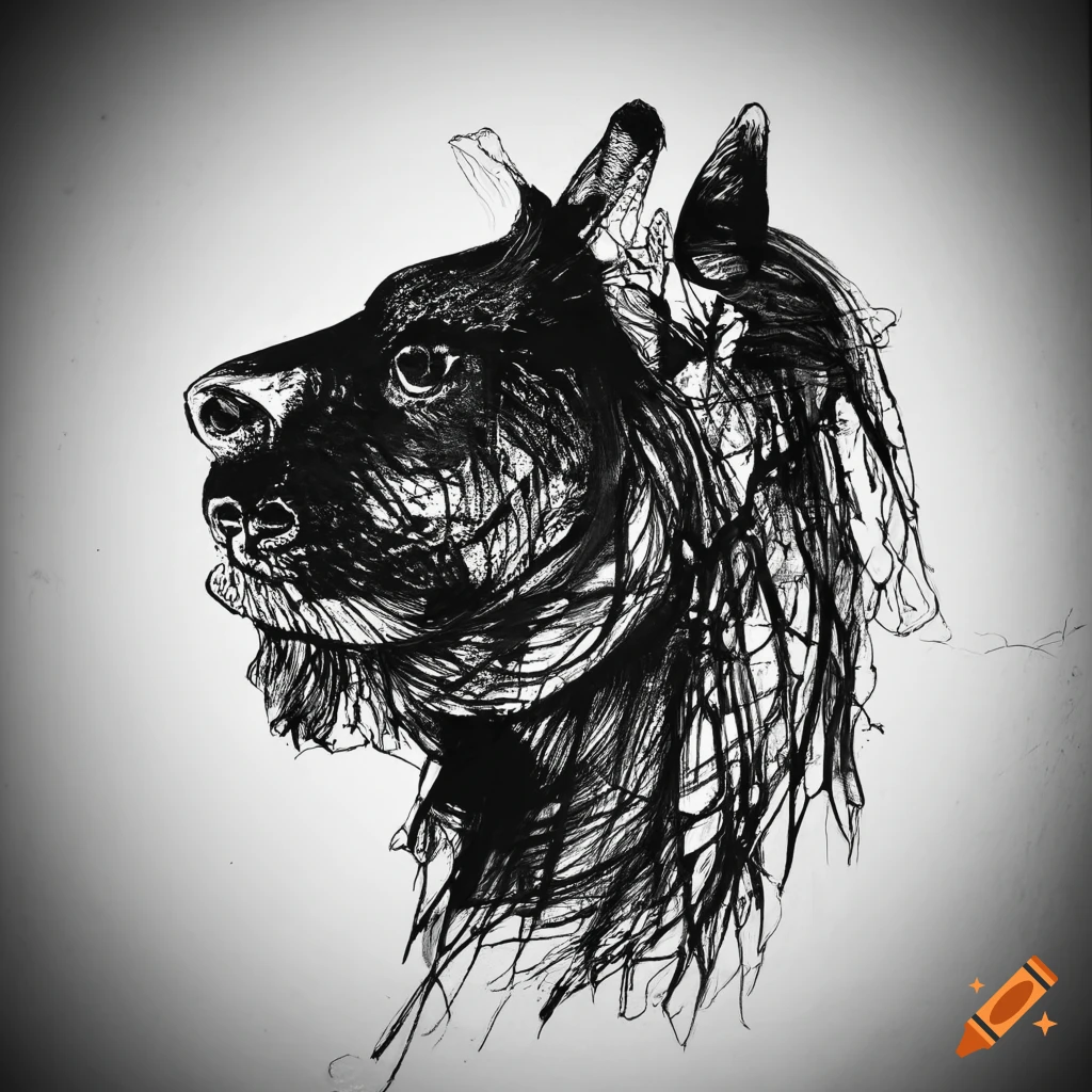 Abstract animal drawn in black ink on white paper on Craiyon