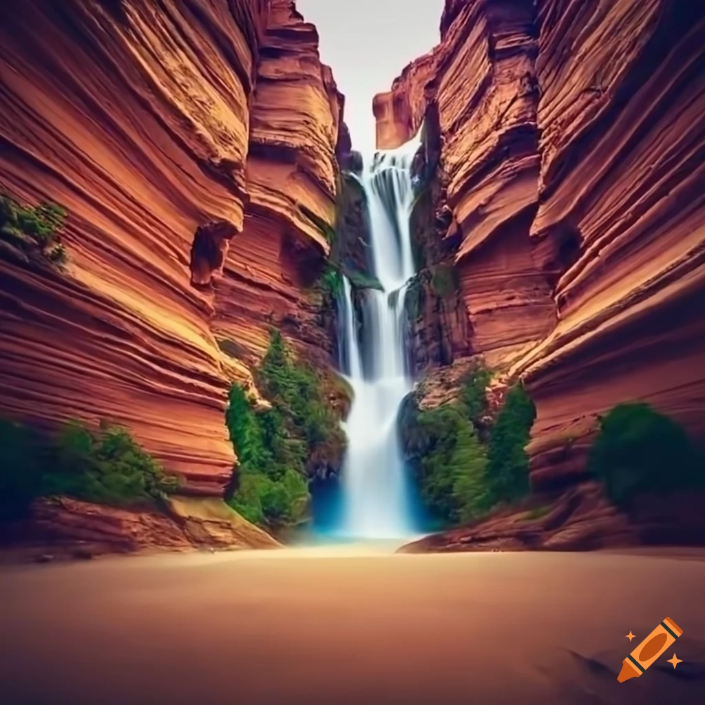 Spectacular canyon view with cascading waterfalls in the distance