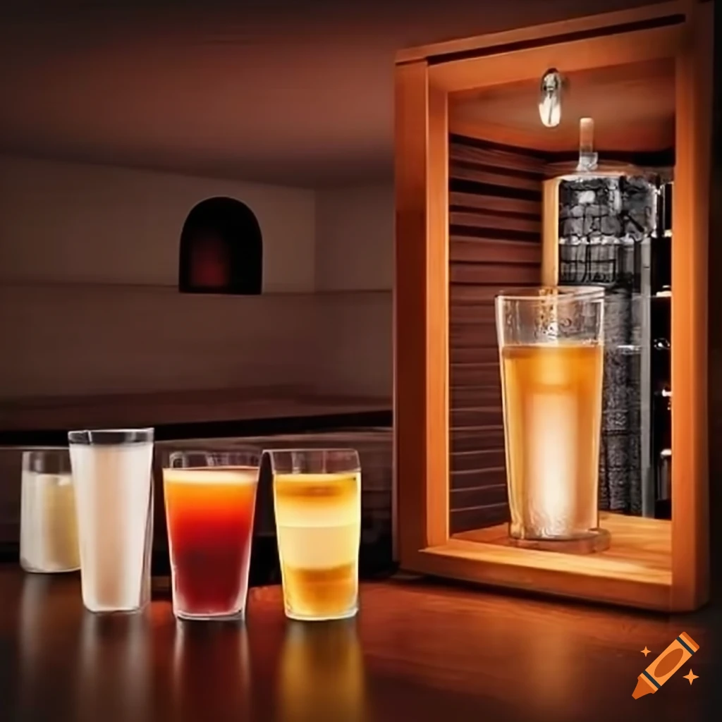 Generate a drink stand with 10 drinks standing at the entrance of a sauna.  the 10 drinks are in a glass and stand orderly on a table