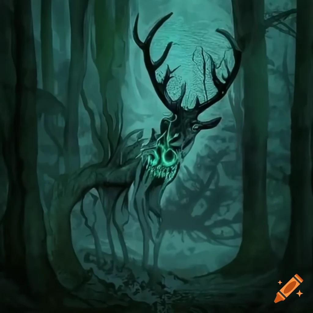 A mystical creature with antlers and glowing face in the woods