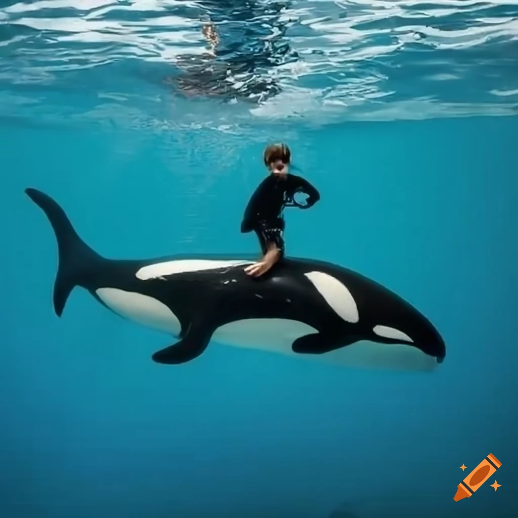 A boy riding an orca in the sea on Craiyon, image size:1024x1024