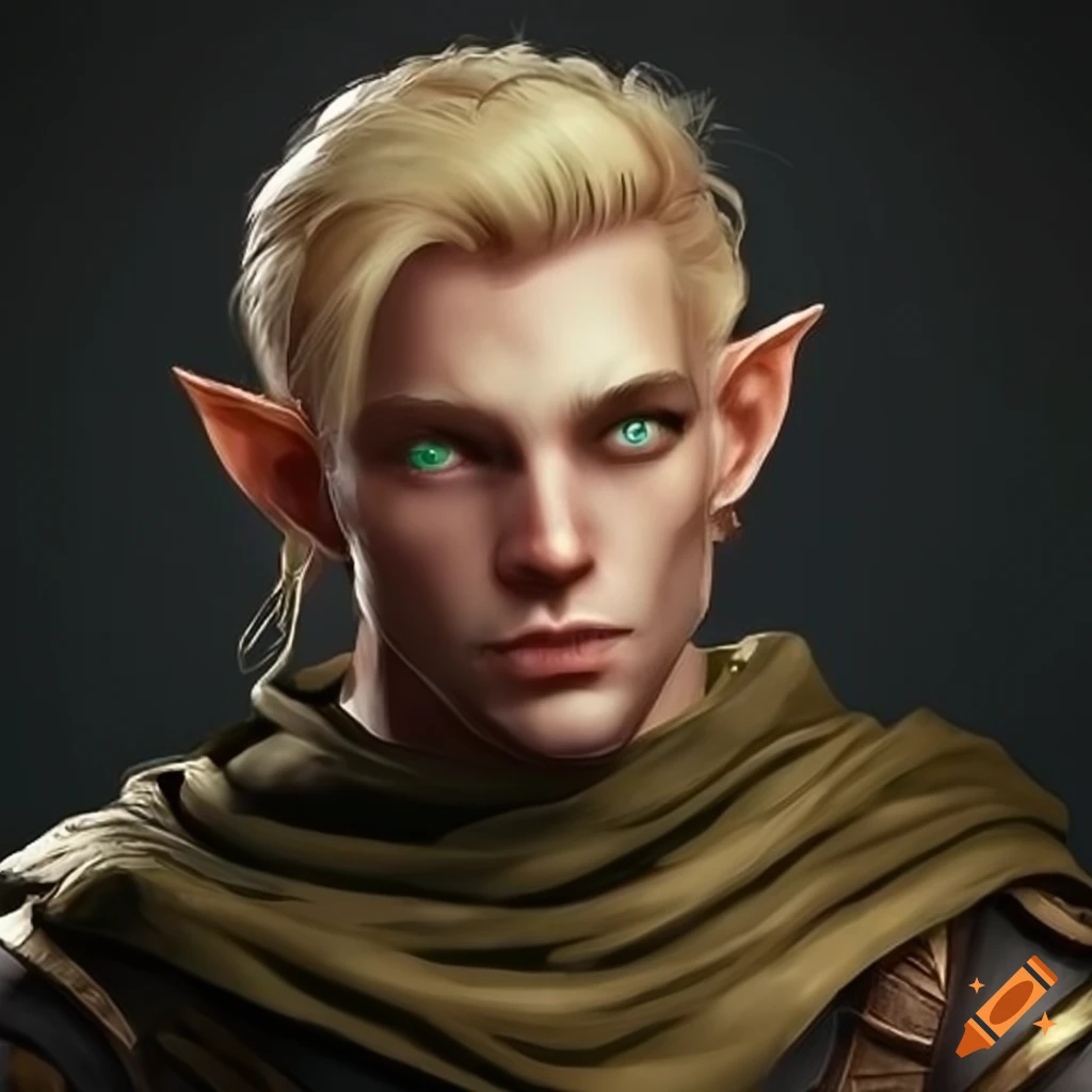 Blond half elf male with green eyes
