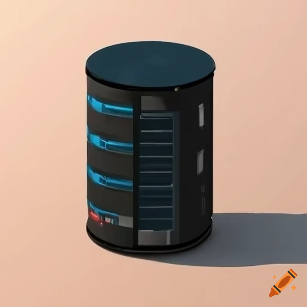 A cylindrical future inspired data storage container with a computer