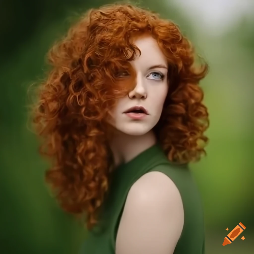 Irish woman, curly brownish red hair, subdued light blue eyes, forest ...