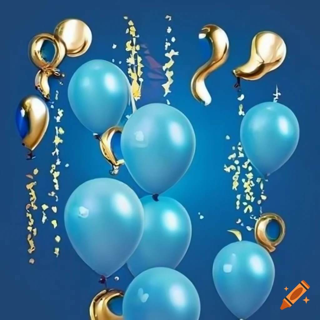Fondo azul con globos dorados y confeti para fiesta de graduación