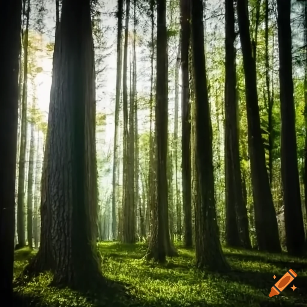 Four tall trees in a forest