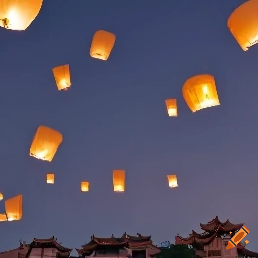 Mesmerizing view of sky lanterns rising over a chinese town, fine