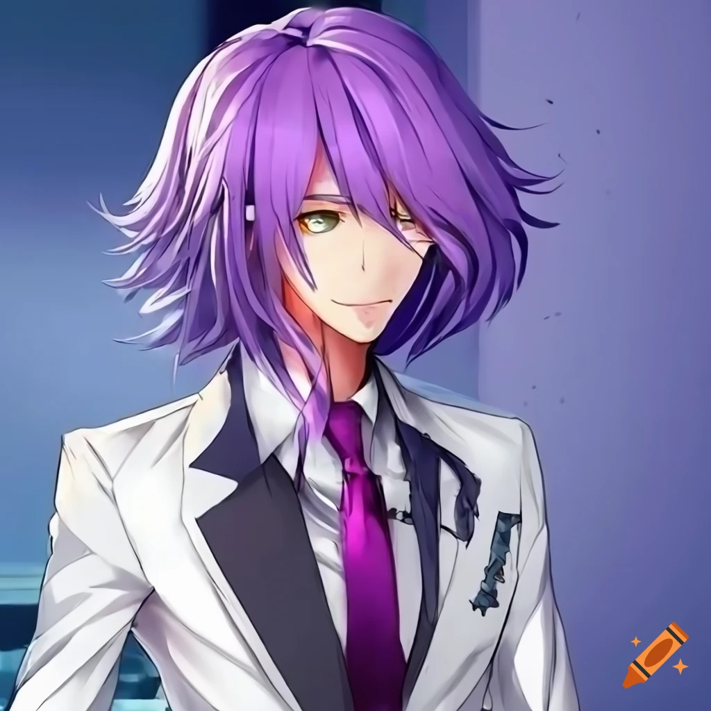 anime character with purple hair and white suit