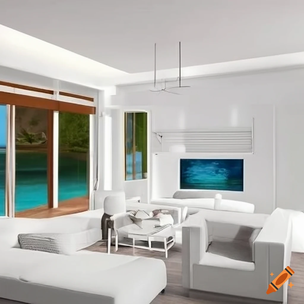 A luxury white salon of a caribbean house with sea view on Craiyon