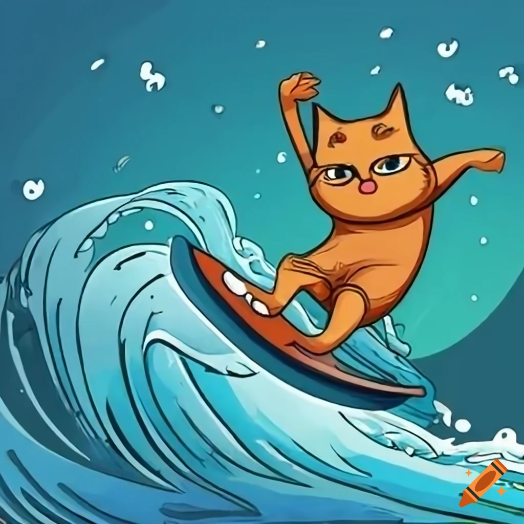 Cartoon cats surfing on waves