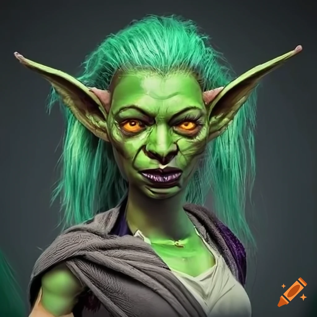 A young, green skinned goblin woman with long green hair with a single lock hanging over her