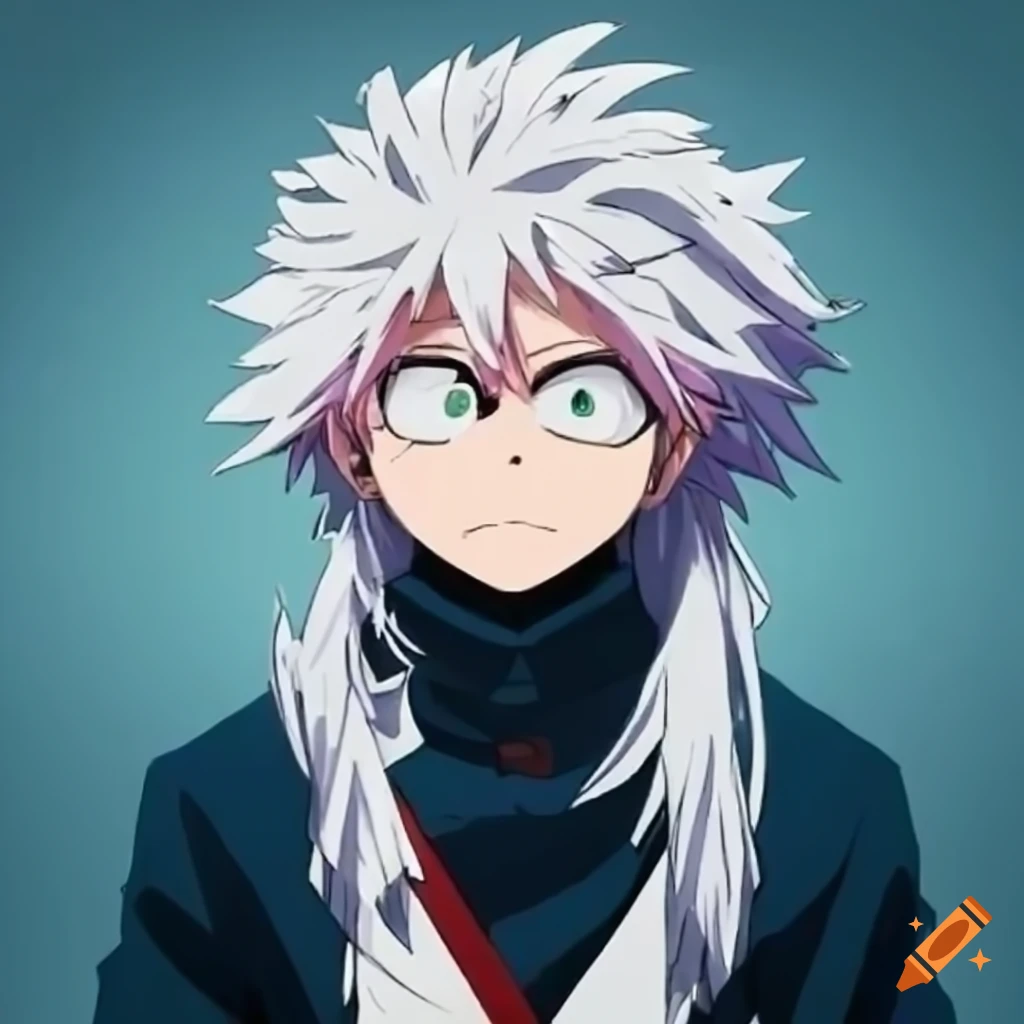 My hero academia character with long white and pink hair, feminine boy,  energy powers, from the tv show