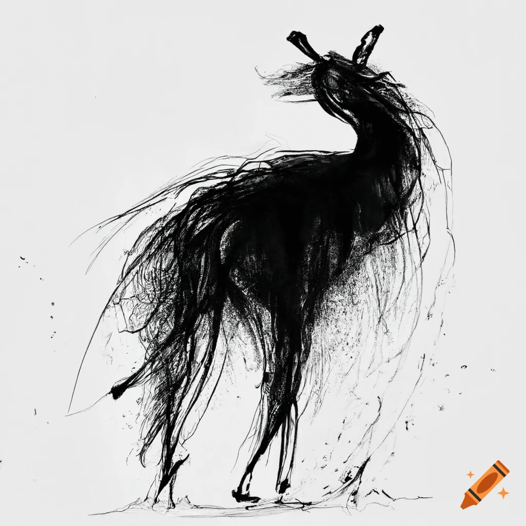 Black ink drawing of an abstract animal in motion on white paper on Craiyon
