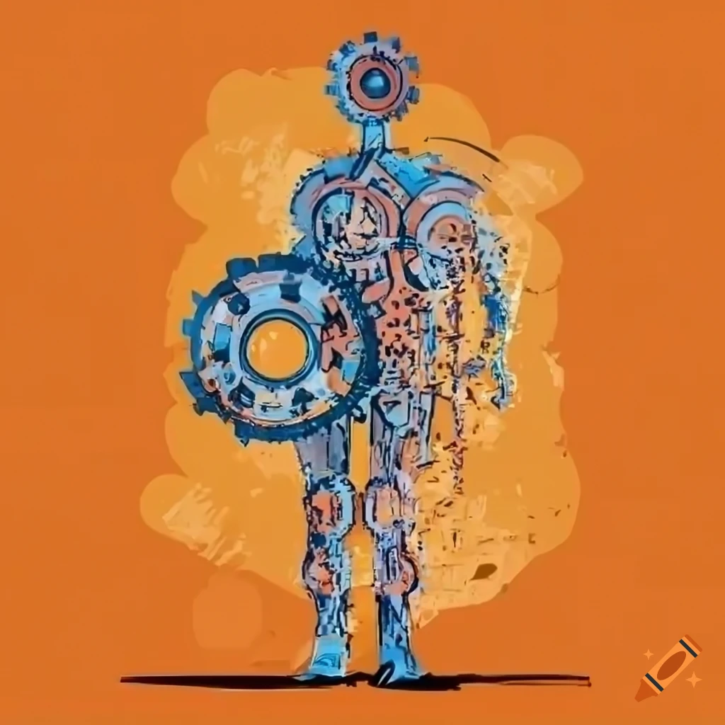 Mechanical man with gears surrounded by orange texture