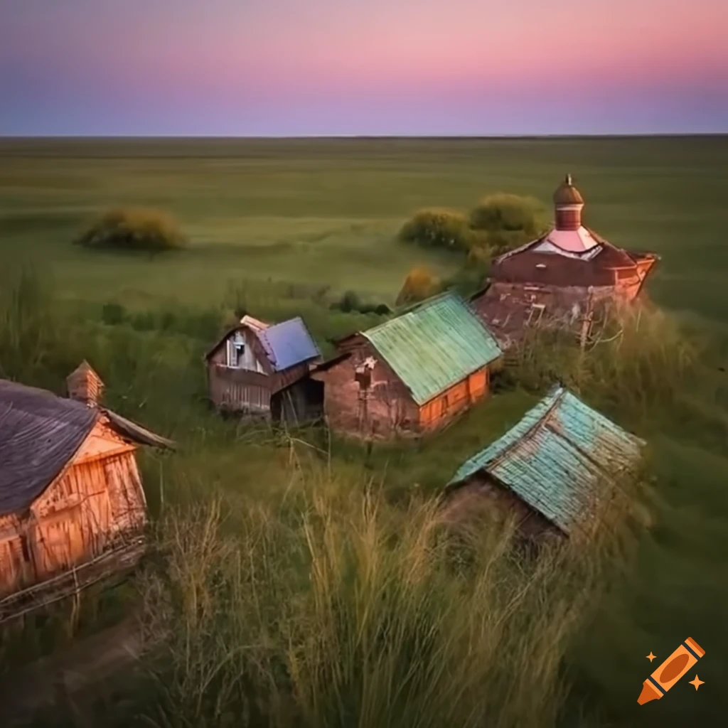 an eye-catching view of a traditional Russian old village in the steppe at dusk
