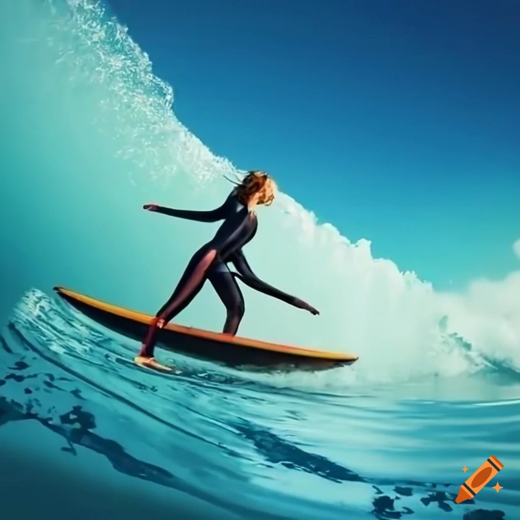 Woman in wetsuit on a surfboard riding a wave on Craiyon