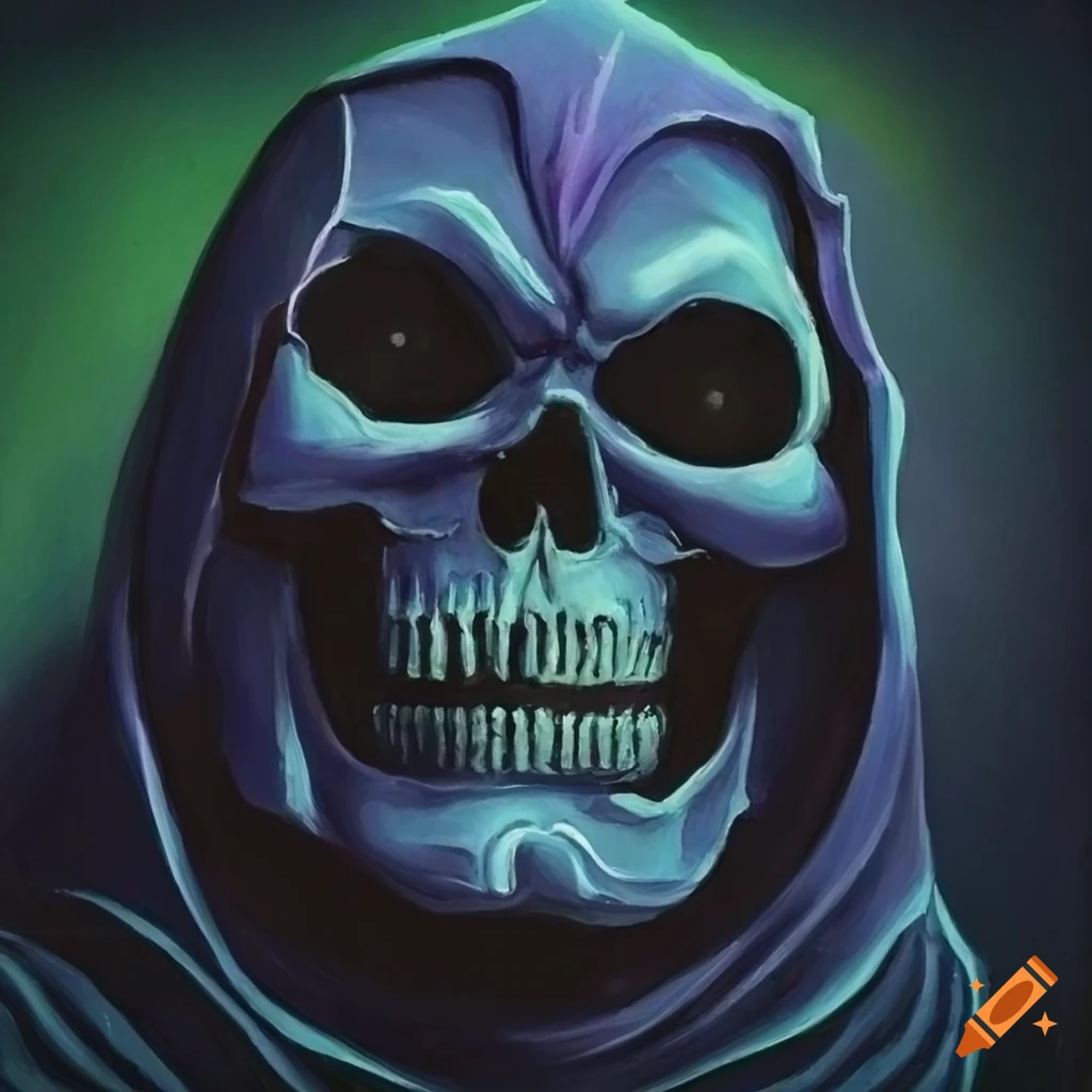 Gouache portrait of skeletor , dark lighting