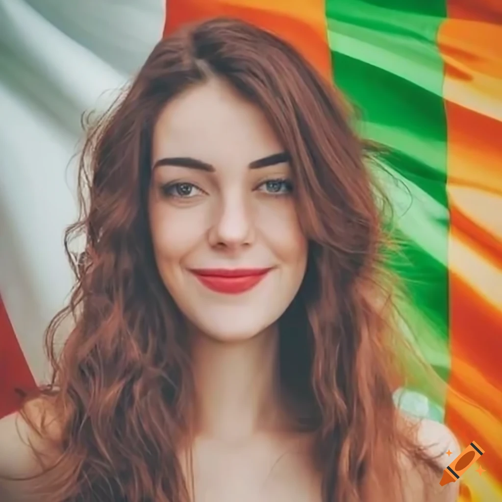 Young Woman With Pretty Brown Hair Smiling Irish Flag Background On young-woman-with-pretty-brown-hair-smiling-irish-flag-background-on