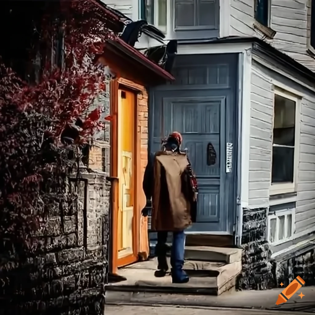 A person leaving their house to take a walk in a small neighborhood on ...