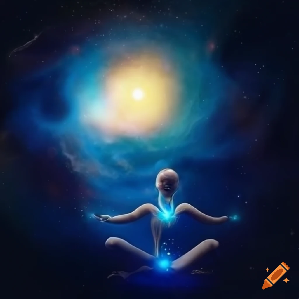 Una persona meditando en el cosmos, encima de la tierra con todos sus