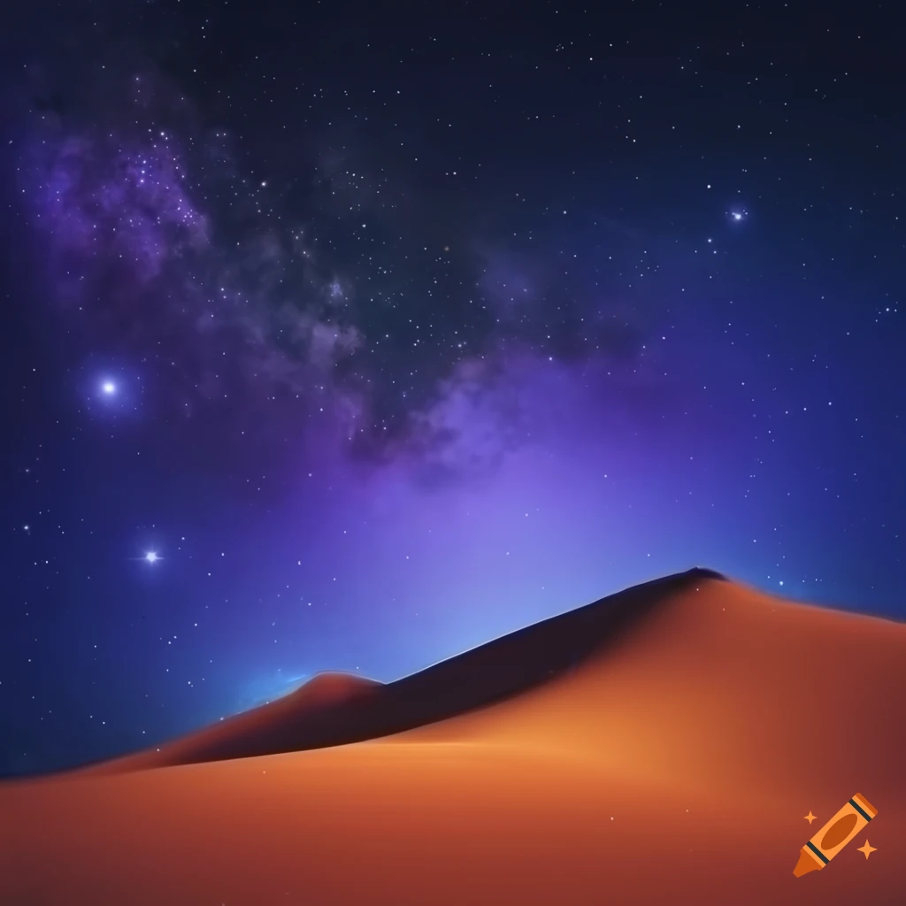 A desert sand dune at night under the deep purple starry sky
