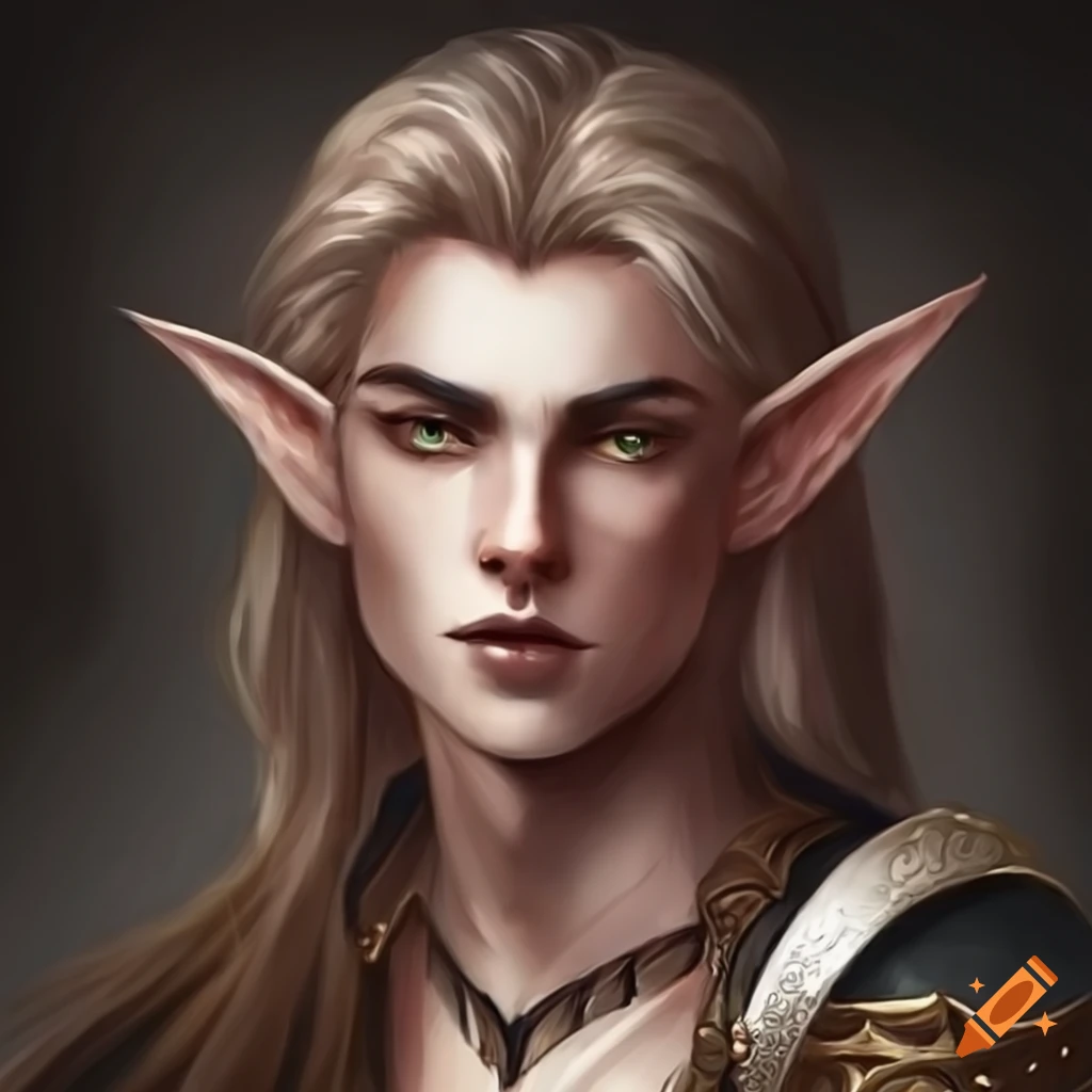 Elf prince wit dark brown locks and grey eyes on Craiyon