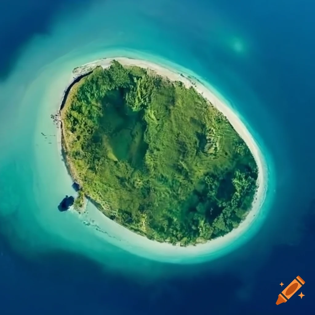 Aerial view of a round large island on Craiyon
