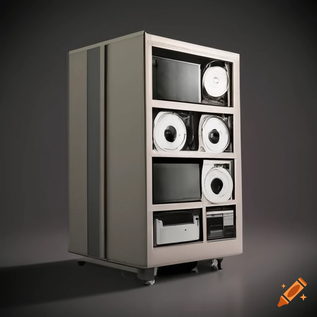 Retro computer cabinet with reel-to-reel tape storage in a