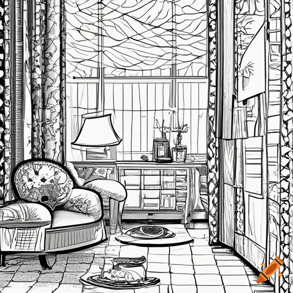 Relaxing Room In Coloring Book Style On