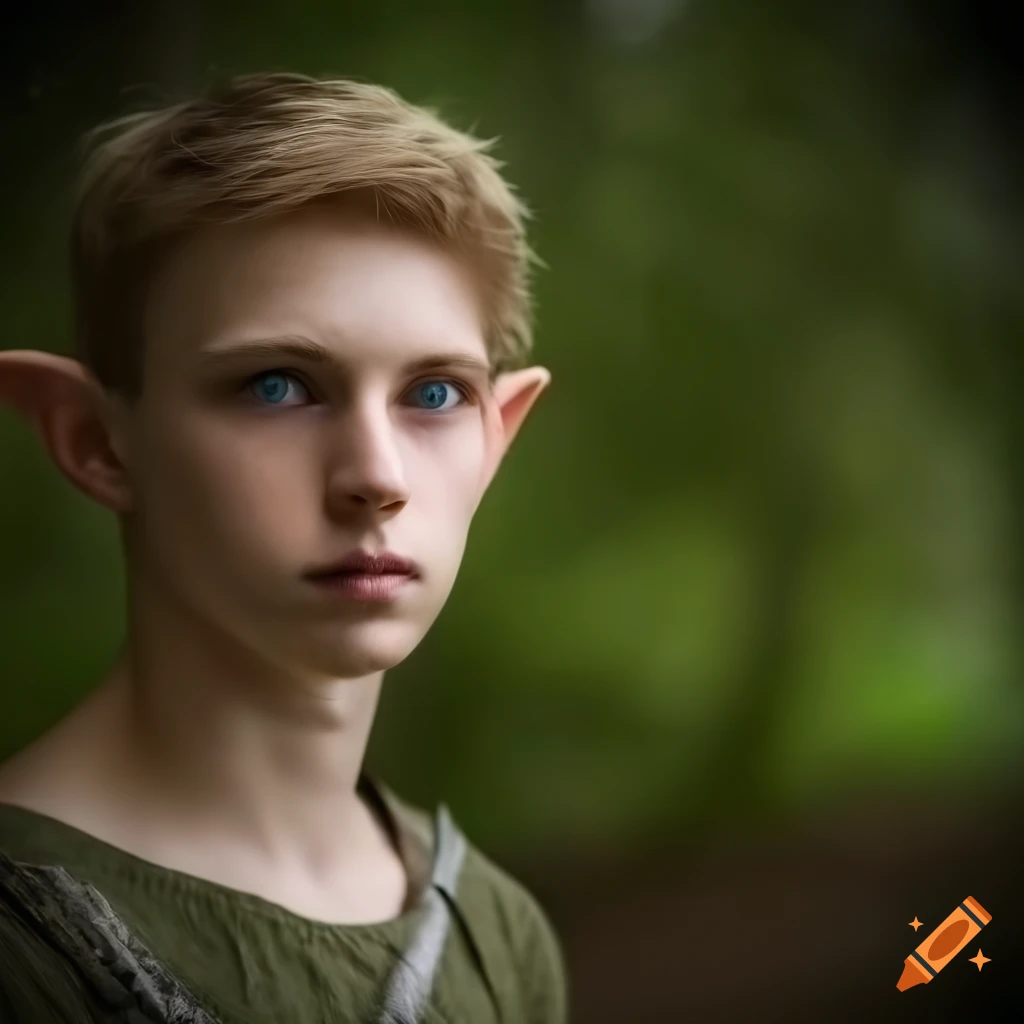 A young elven man with dark blonde hair and blue eyes in a forest on ...