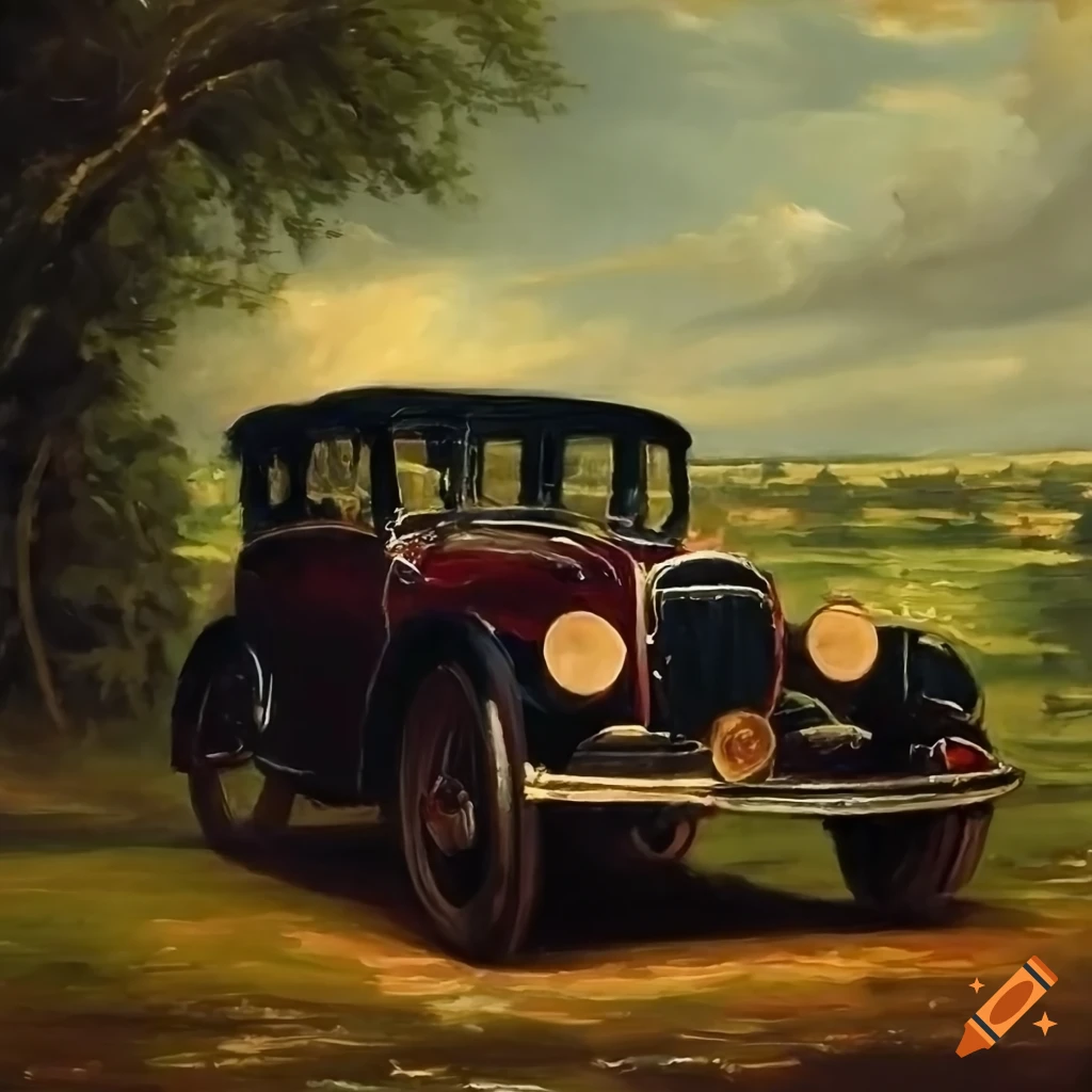 A vintage car,detailed oil painting in the style of John Constable, clear skies, vivid, 32k
