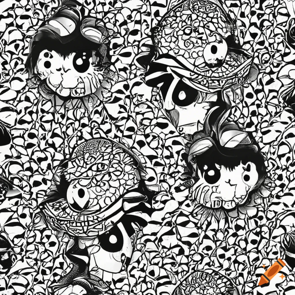 Black and white kawaii pattern for coloring book fans on Craiyon