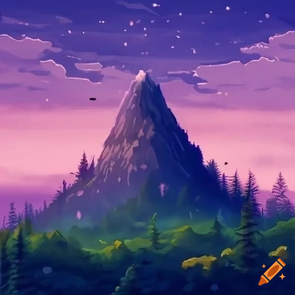 Scenic mountain view with trees and fog, Studio Ghibli inspiration