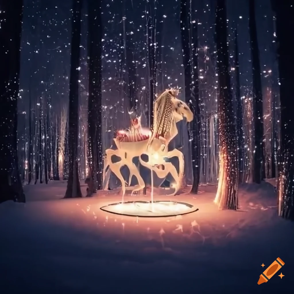 A magical white carousel, winter wonderland, forest, string lights, star night, warm tone