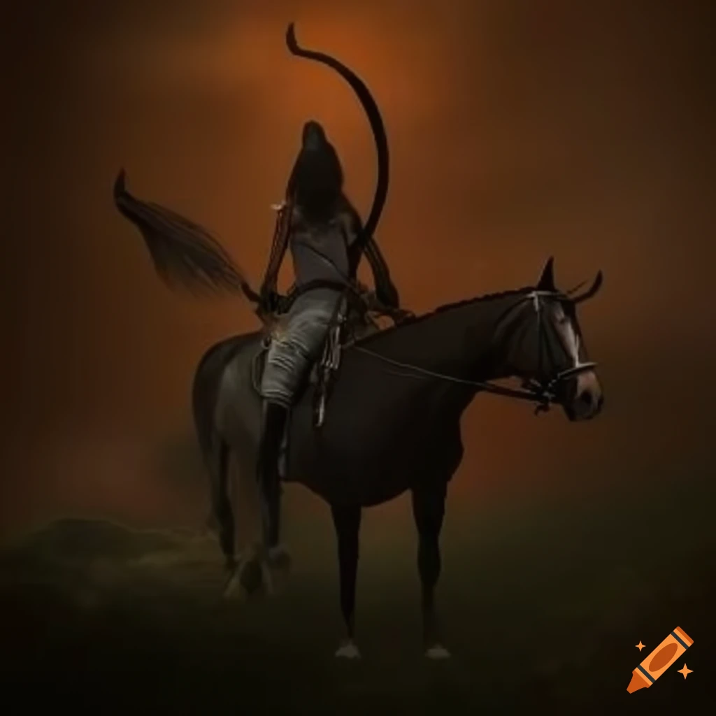 Generate an image of a long haired, mounted messenger, equiped with a bow and a dagger, riding through a fantasy landscape