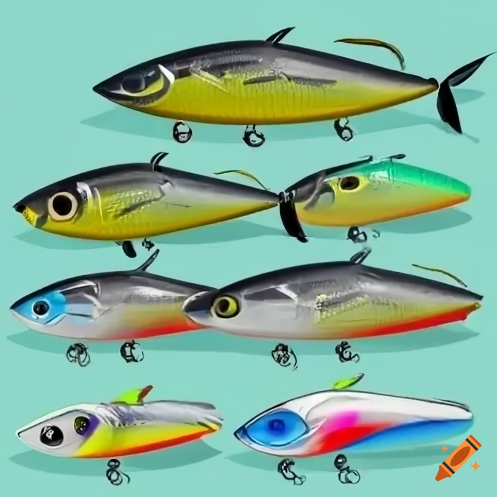 Realistic fishing lure tuna crank bait concept, industrial product layout,  side view of gigs heads, show jig in row, full viewable on Craiyon
