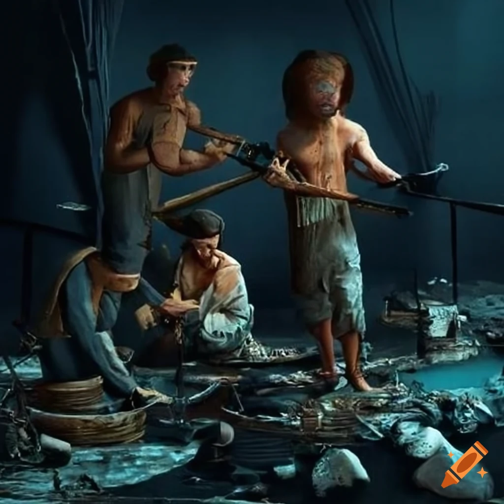 Show a group of sailors in the pirate era working together to repair a damaged ship, with tools and materials scattered around