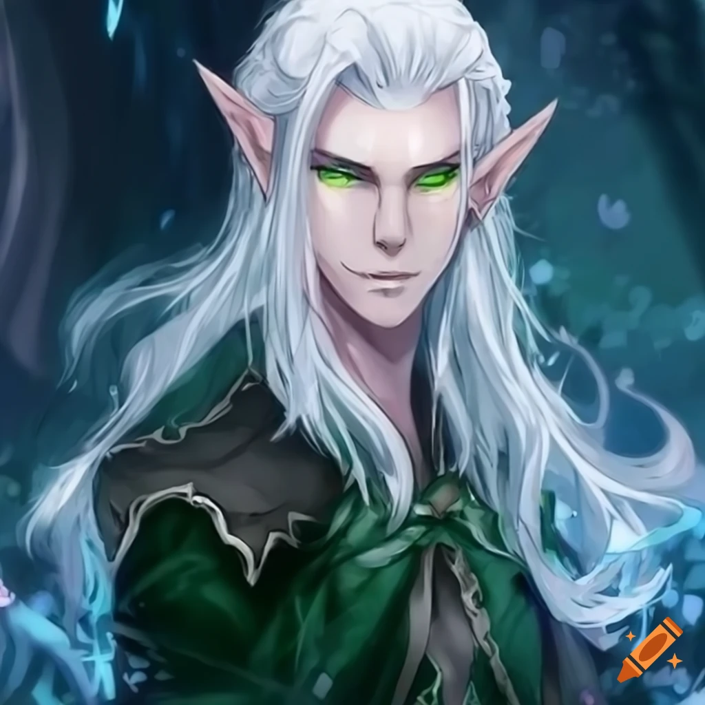 White hair green eyes elf male on Craiyon