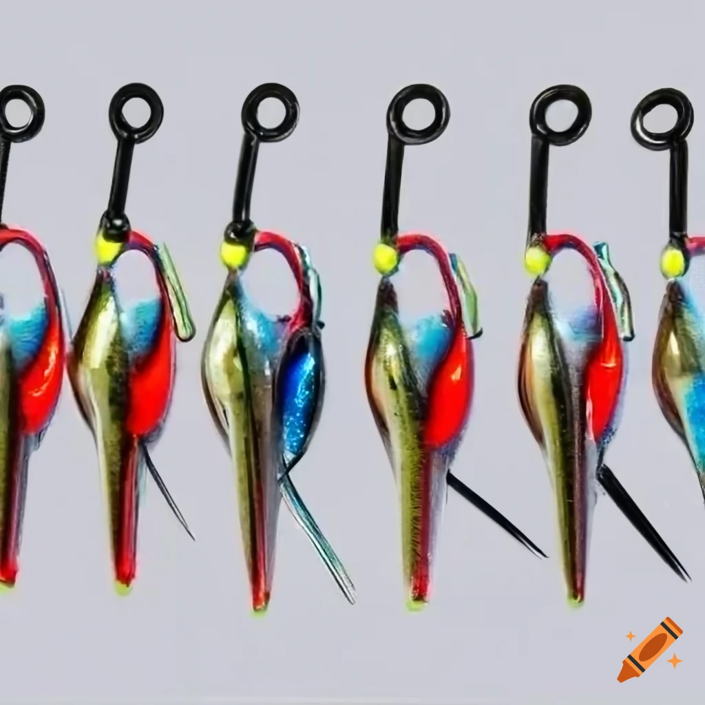 Realistic fishing jig head concept, industrial product layout, side view of  gigs heads, show jig in row, full viewable on Craiyon