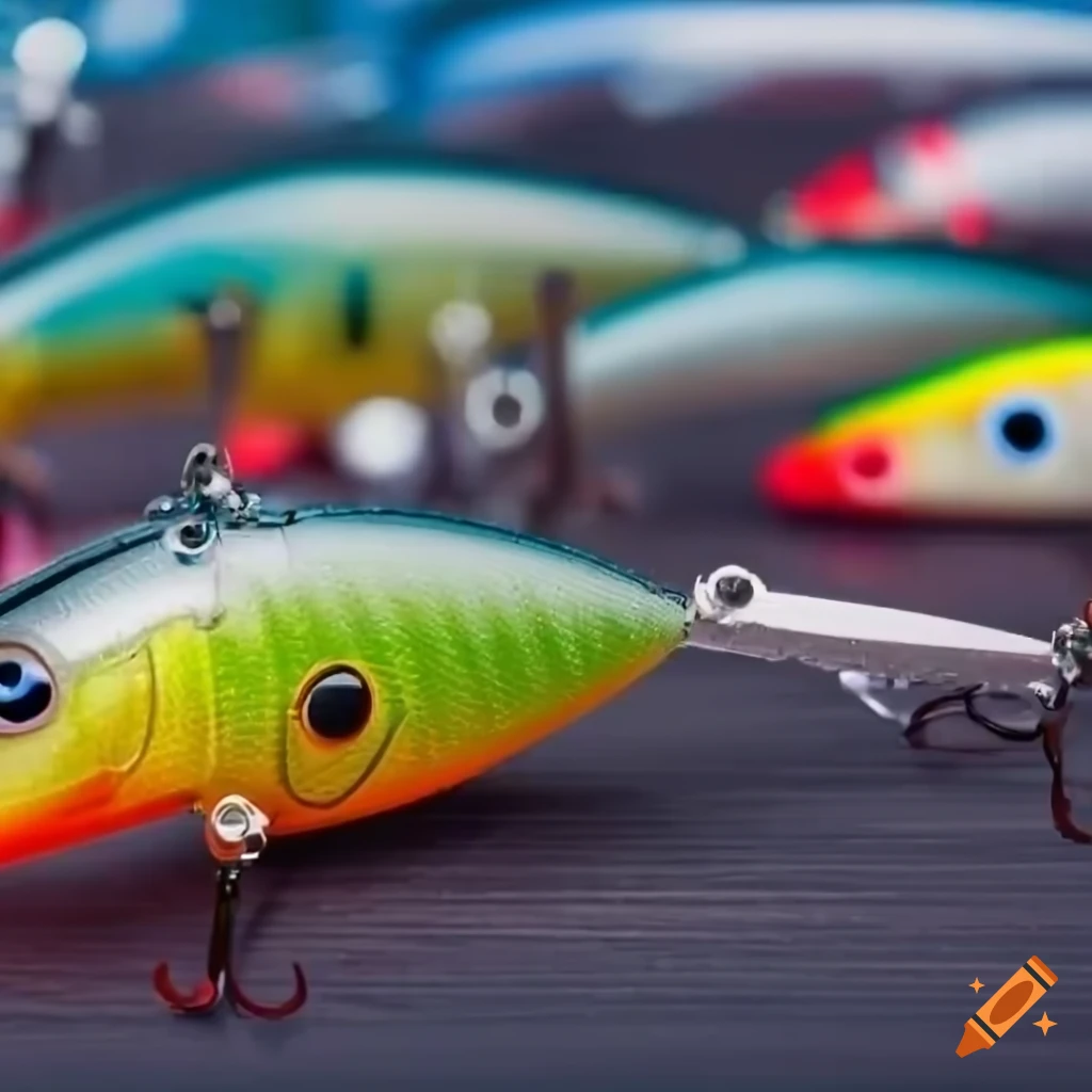 Realistic fishing lure spearing crank bait concept, industrial product  layout, side view of gigs heads, show jig in row, full viewable on Craiyon