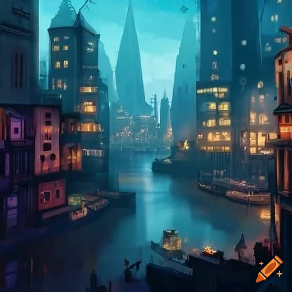 A bustling port city in a fictional world on Craiyon