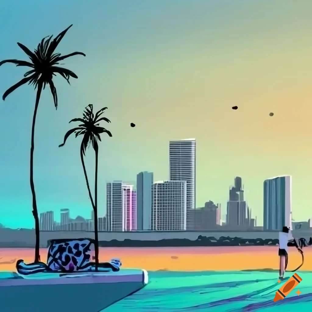 Draw a miami artwork with the skyline and the beach, black palms and a