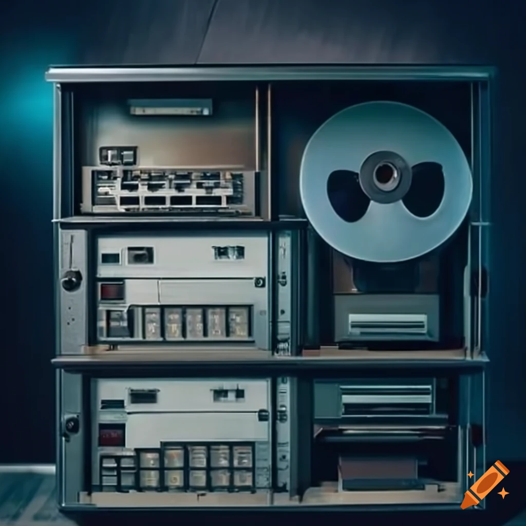 Retro computer reel-to-reel tape storage cabinet in a futuristic