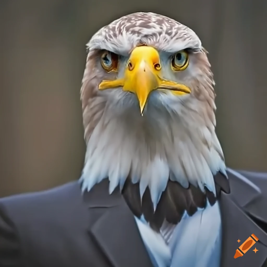 an eagle in a formal outfit impressively staring into the camera