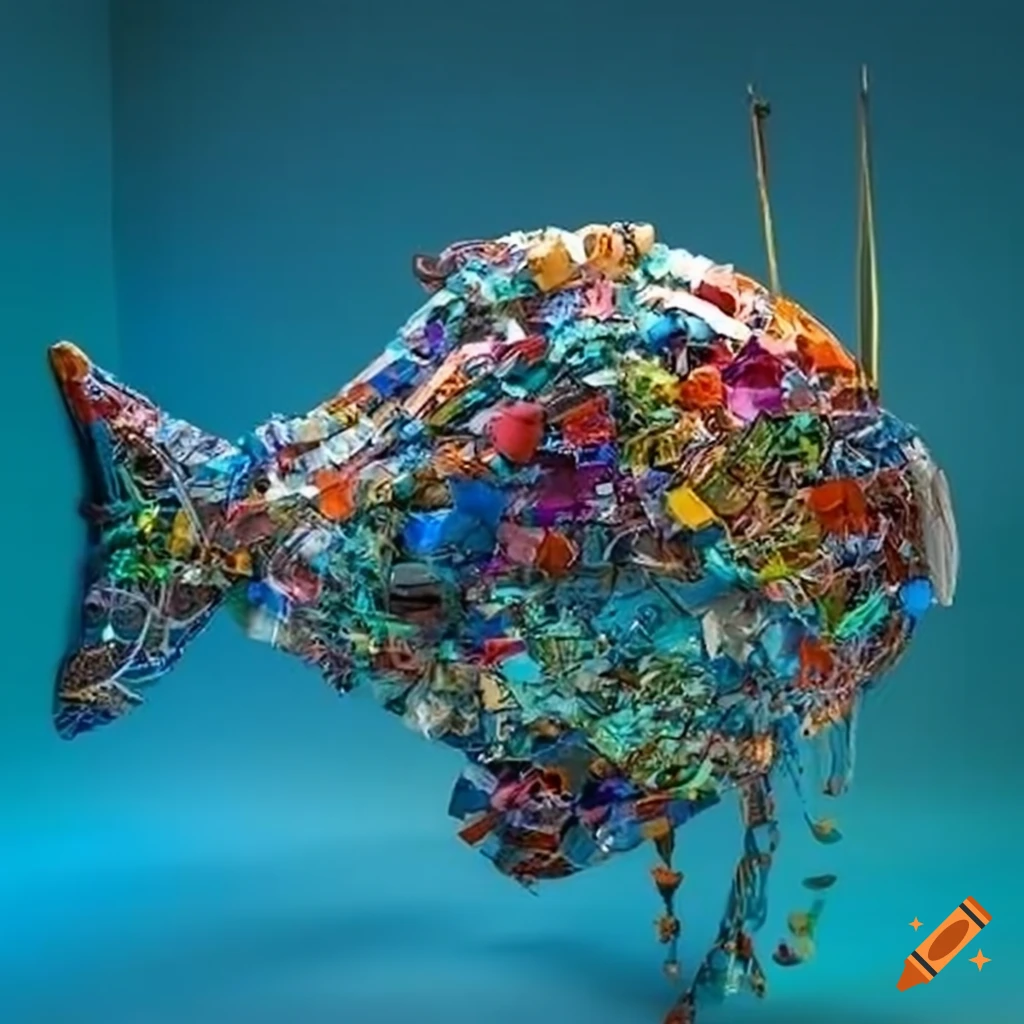 Large fish sculpture created from recycled plastic for ocean advocacy on  Craiyon