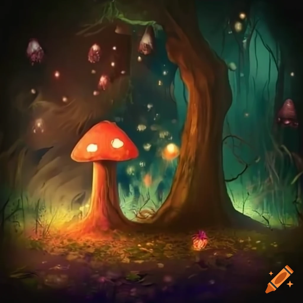 Magical forest with glowing mushrooms and fairies dancing on Craiyon