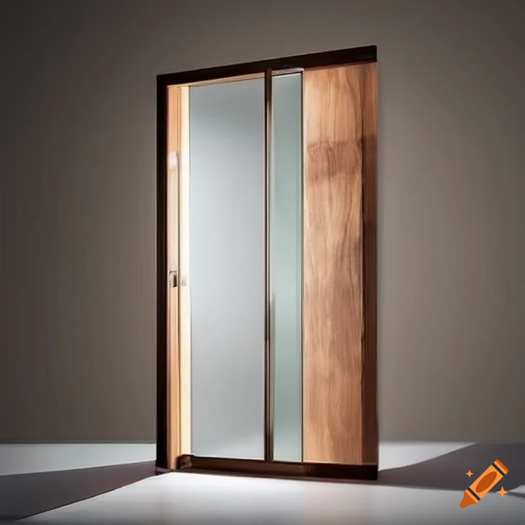 A frameless door combines with glass and wood and bronze