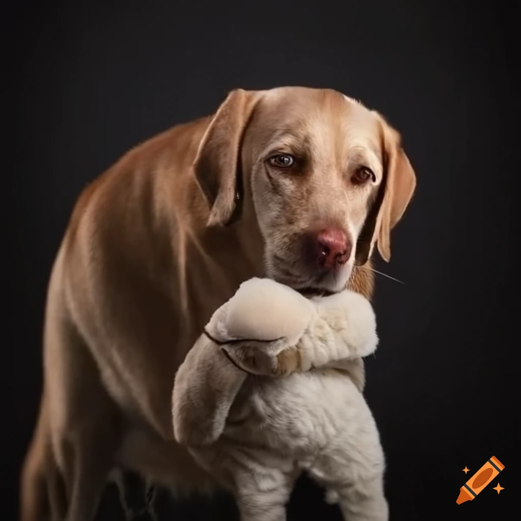 A labrador carrying a stuffed cat in mouth on Craiyon