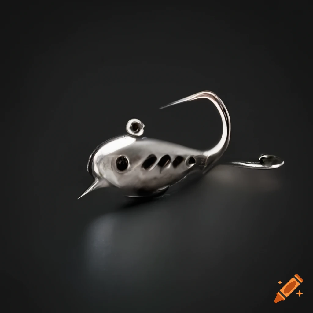 Stainless steal aggressive fishing jig head concept, industrial product  layout, side view of gigs heads, show jig in row, full viewable on Craiyon