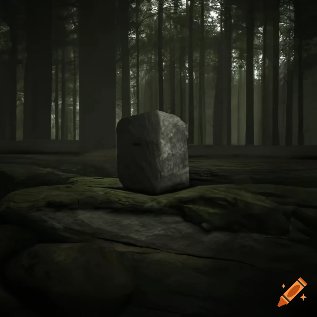Stone cube in a dark style forest on Craiyon